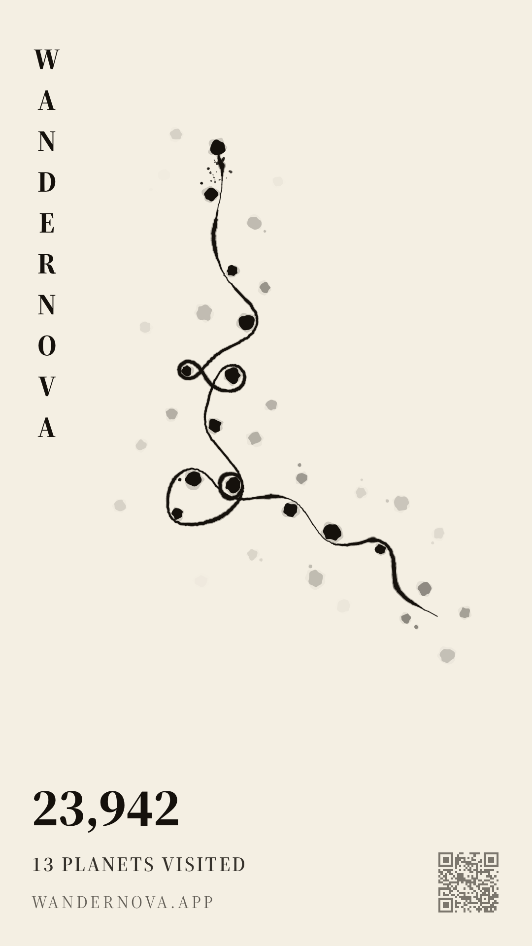 A Wandernova run card — a hand-inked orbital path through 13 planets, scoring 23,942.